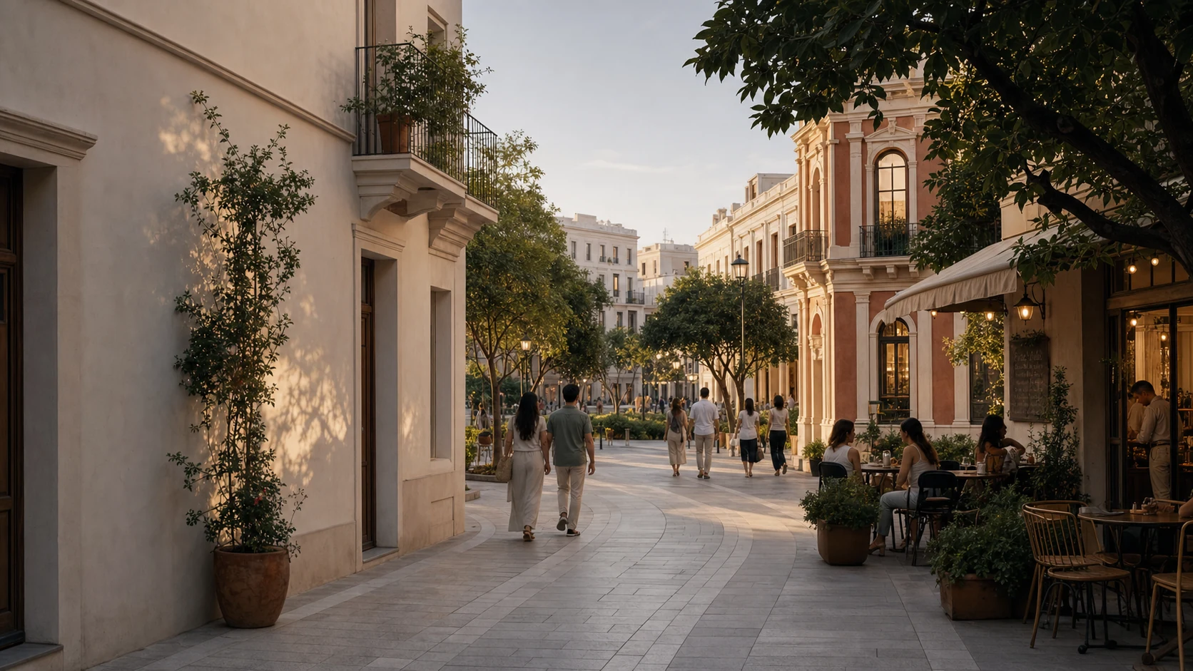 A warm pedestrian street at dusk, where the plan gives way to the place itself.